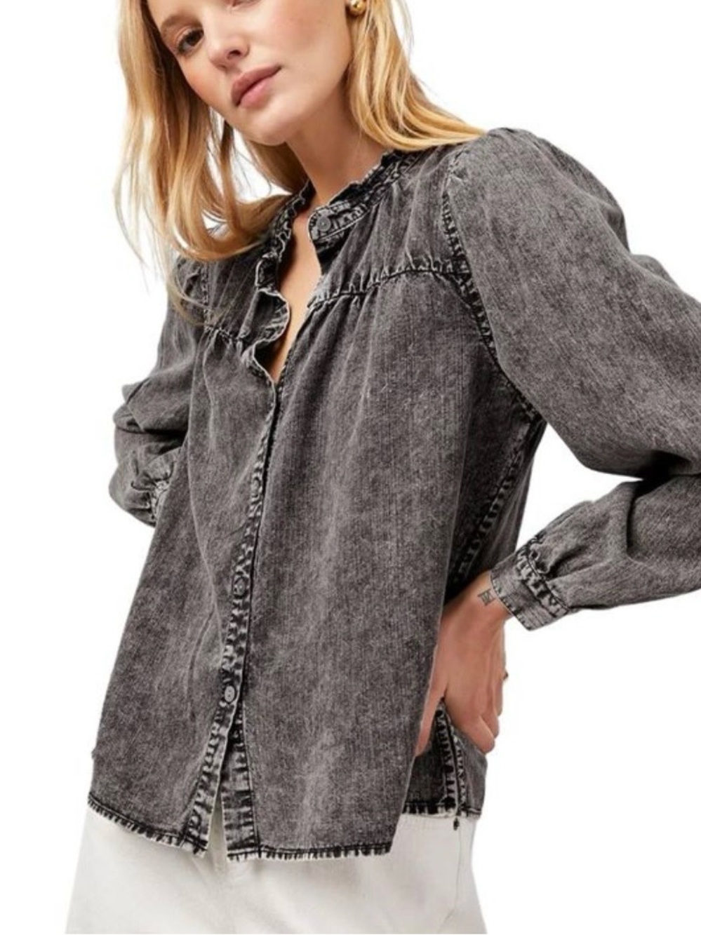 Boho Rails Charcoal washed denim Ruffled Blouse - Picture 1 of 12